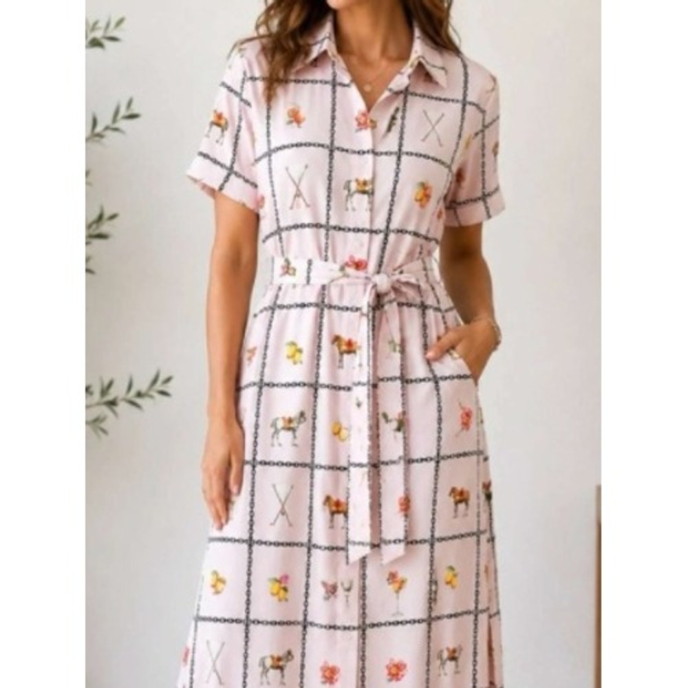 Katie Kime Savannah Taza Maxi Dress Pink Novelty Print Cotton Shirt Dress XL NEW